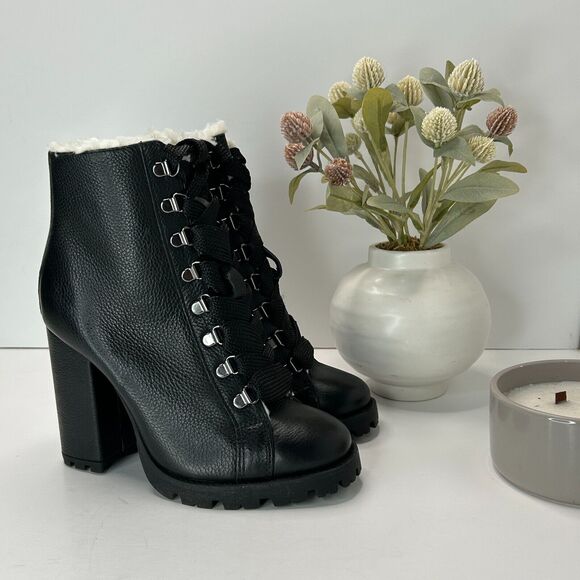 Schutz Zhara Leather Boots Faux Fur Lined Block Heel Black Women's US 7B NWOB - Picture 1 of 10